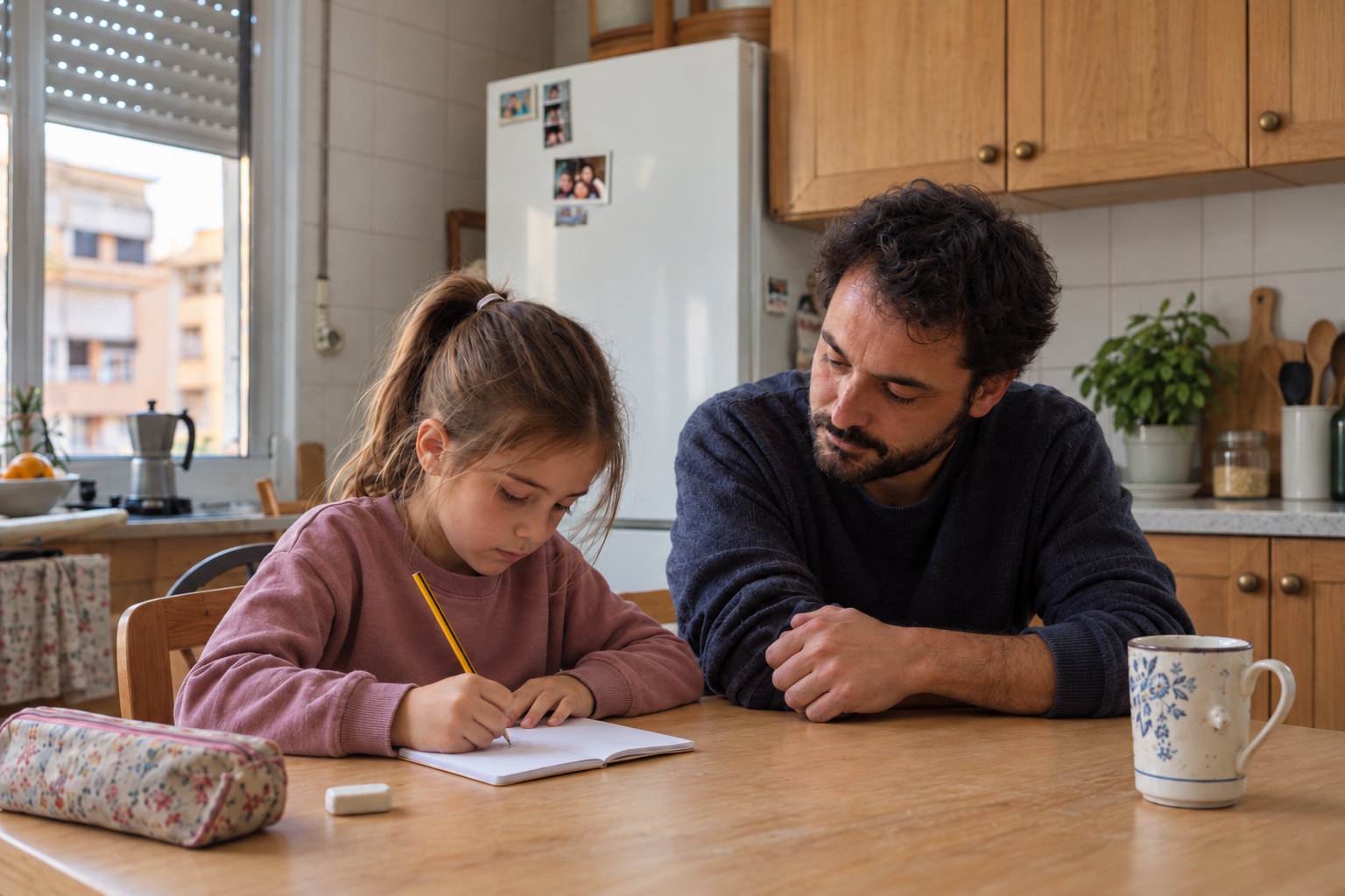 Una niña hace problemas de matemáticas en su cuaderno mientras su padre la acompaña.